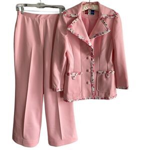 Lilli Ann Knit Suit Jacket + Pants Women's Blazer Coat 1960’s Mod Flower Vintage